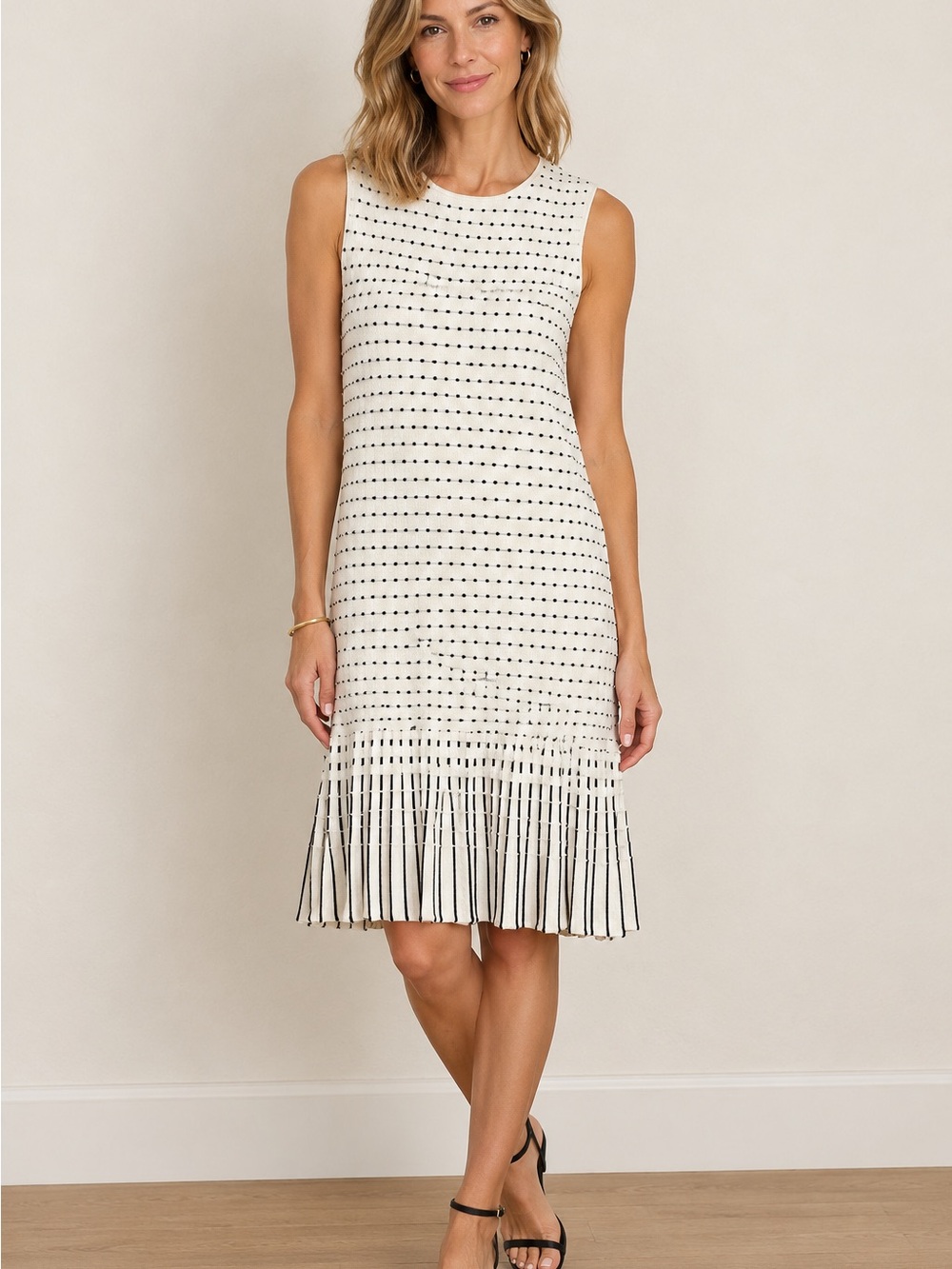 Saks Fifth Avenue White & Black Sleeveless Knit Dress with Pleated Hem